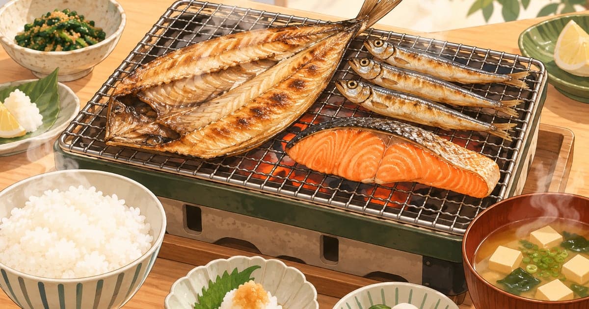焼き網にのった開きほっけ・ししゃも・鮭の切り身と、ご飯と味噌汁が並ぶ朝の食卓を描いた、道東のふるさと納税の鮭・干物選びがわかるイラスト。