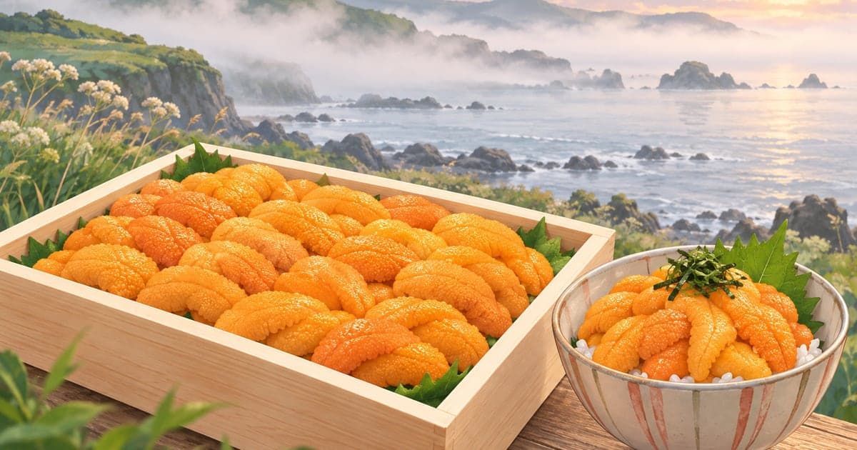 木の折箱に並ぶウニと小さなウニ丼を、霧のかかる道東の海岸を背景に描いた、ふるさと納税のウニ選びがわかるイラスト。