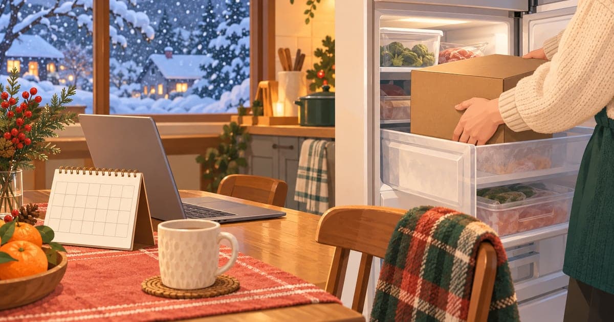 12月のカレンダーとパソコンの前で、届いたふるさと納税の返礼品の箱を冷凍庫にしまう様子を描いた、年末の締切と段取りがわかるイラスト。