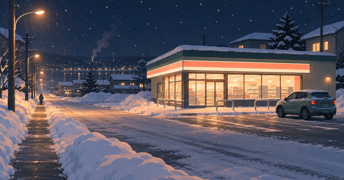釧路の冬の深夜、雪が降るなかコンビニの灯りだけが灯る24時間営業の街並みの様子を描いた、深夜早朝の暮らしがわかるイラスト。