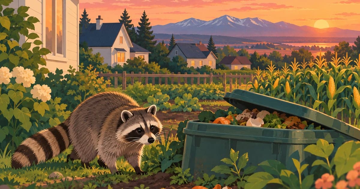 夕方の住宅地で生ごみ容器のそばに現れた縞模様の尾と黒いマスク模様のアライグマと、背景の畑と住宅を描いたイラスト