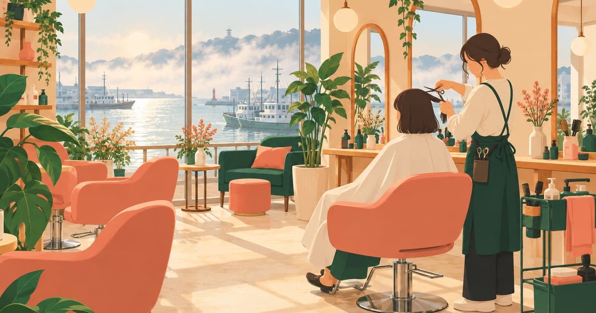 釧路の美容室でカットを受けるお客さんと美容師を描いたイラスト。美容室の探し方と料金の目安を伝える記事の画像