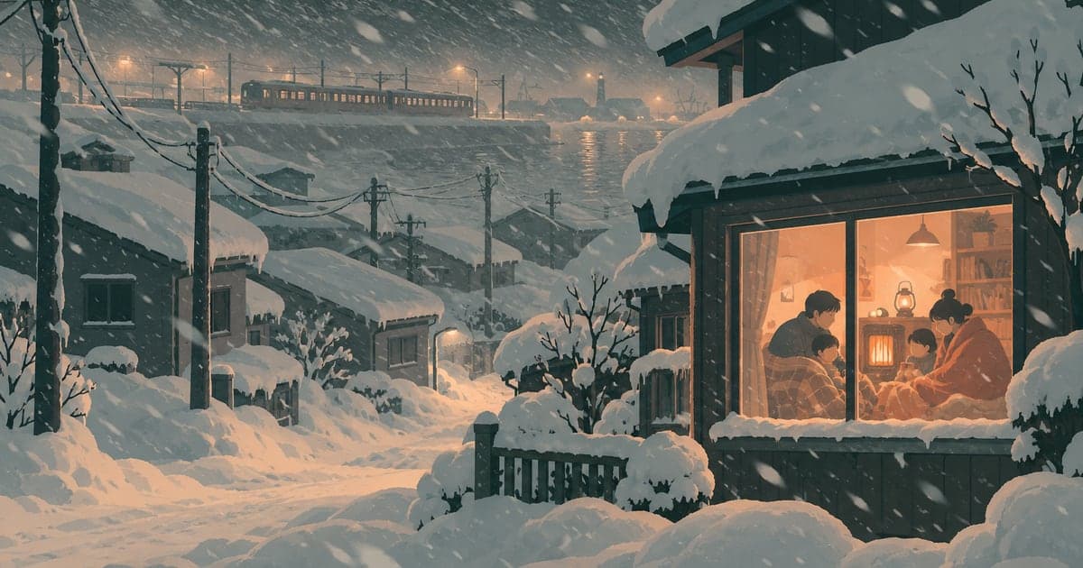 暴風雪の夜に停電した住宅街でランタンの明かりの下に集まる家族のイラスト(釧路の暴風雪時の休校・停電・運休の調べ方)