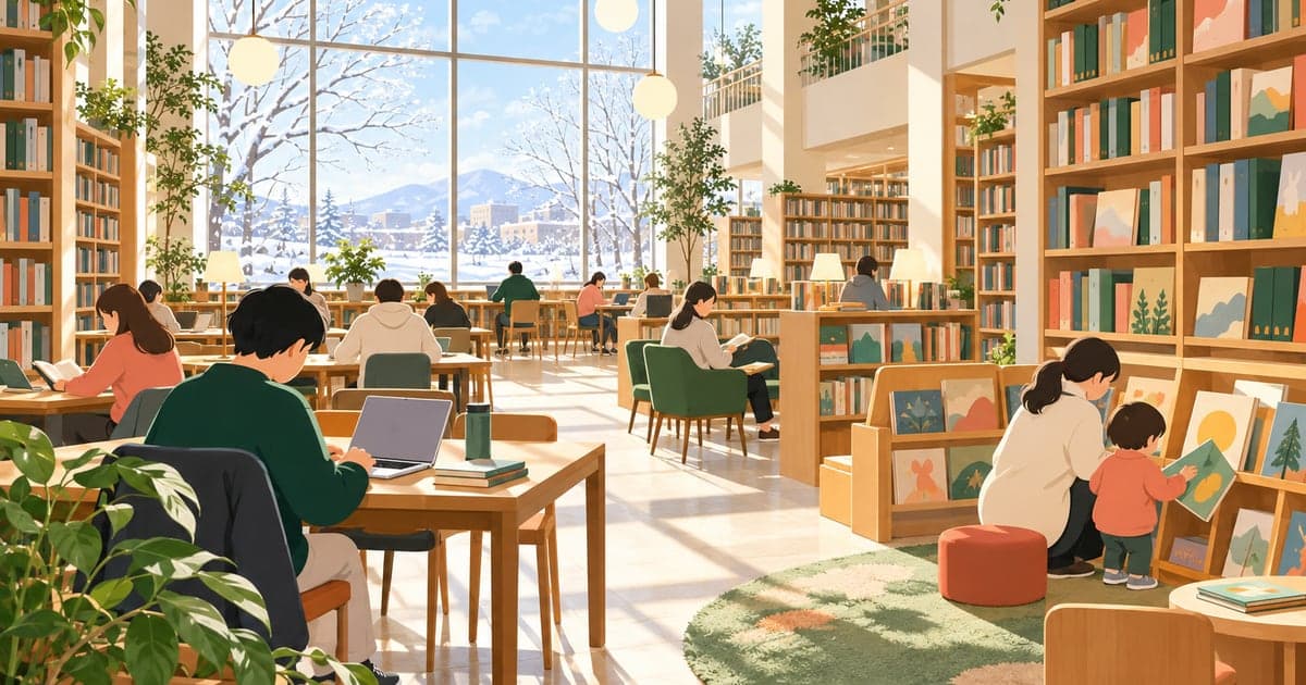 閲覧席と本棚が並ぶ明るい図書館の館内を描いたイラスト。釧路市中央図書館の使い方を示す。