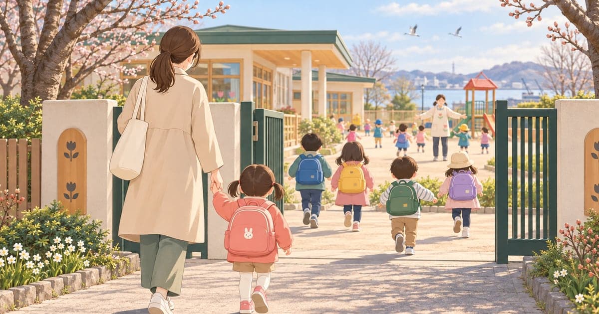 釧路の春、保育園に子どもを送り届ける登園風景を描いた、子育て支援制度がわかる地域のイラスト。