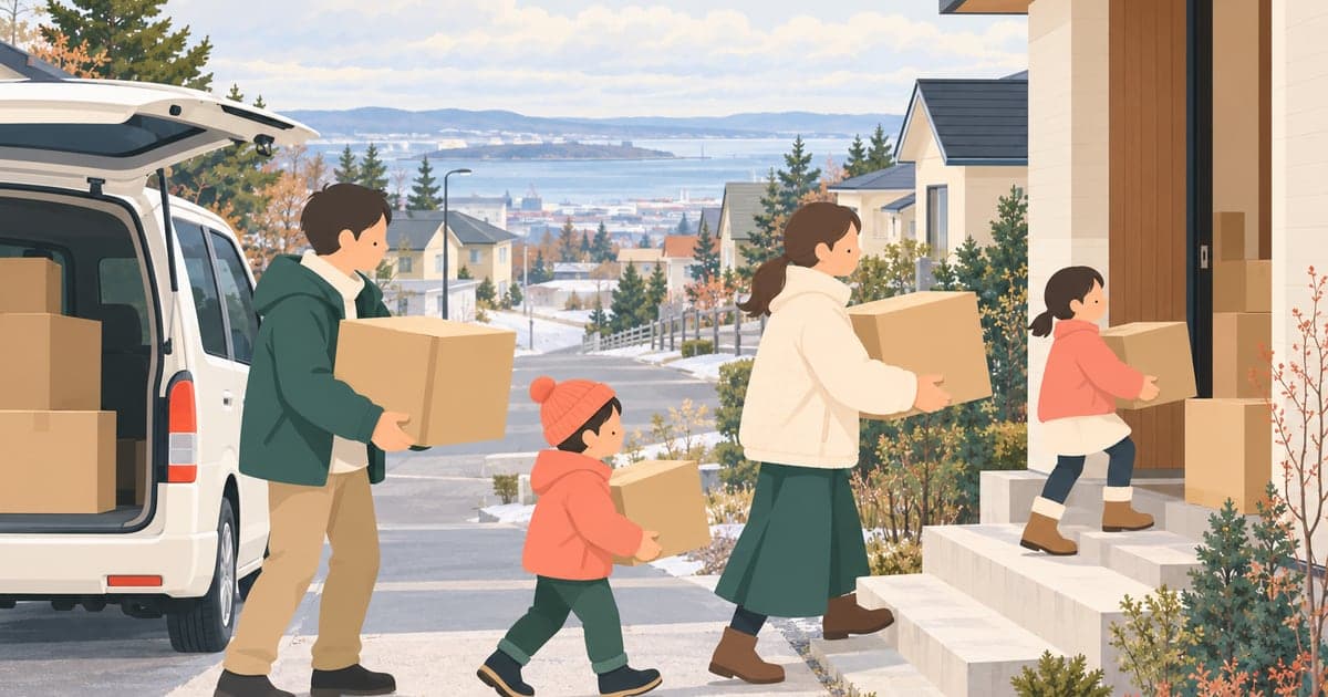 釧路町の住宅街で引っ越しの段ボールを運ぶ家族を描いたイラスト(釧路町への移住)