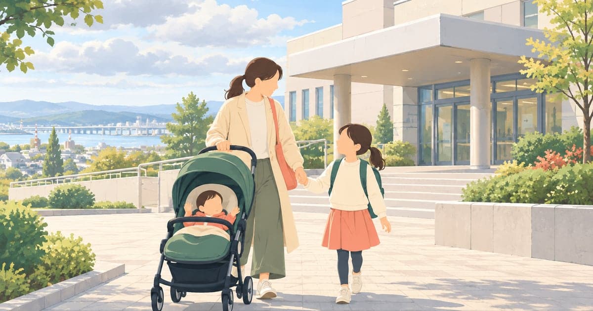 釧路町の保健福祉センター前で、ベビーカーを押す親と手をつなぐ小学生が並んで歩く様子を描いたイラスト(釧路町の子育て支援)