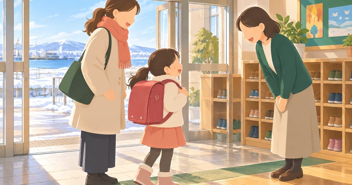 釧路町の小学校の昇降口で、ランドセルを背負った子どもと保護者が先生に迎えられる場面を描いたイラスト(釧路町の転校・学校支援)