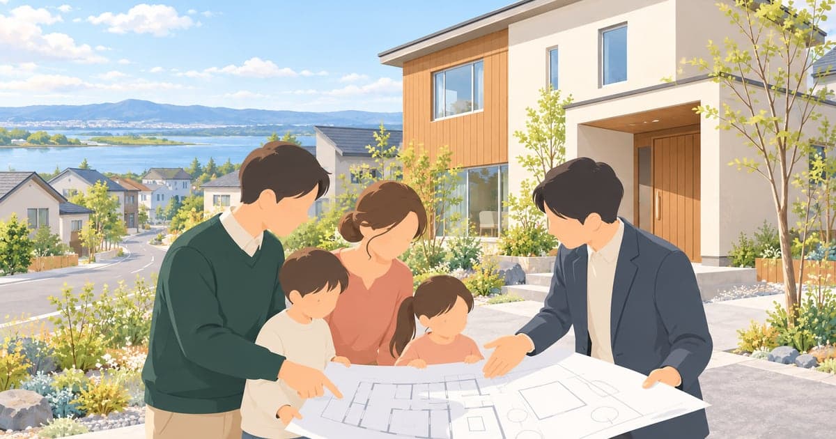 釧路町の住宅街で、新居の前に立つ家族と設計図を広げる相談の様子を描いたイラスト(釧路町の住まい)