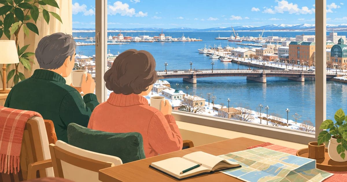 冬の釧路のマンスリーマンションの窓辺で、晴れた港と幣舞橋を眺めながらコーヒーを飲む長期滞在中の夫婦を描いたイラスト