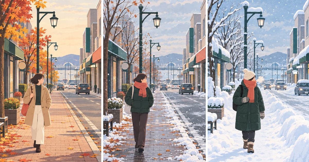 釧路の10月・11月・冬の気温の違いと服装の目安を三場面で並べて比較した解説イラスト。