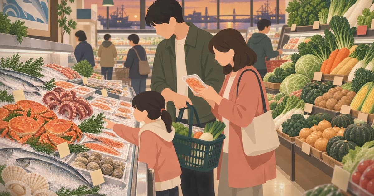 釧路のスーパーで食費や家賃を考えながら買い物する家族を描いた、生活費の実態がわかるイラスト。