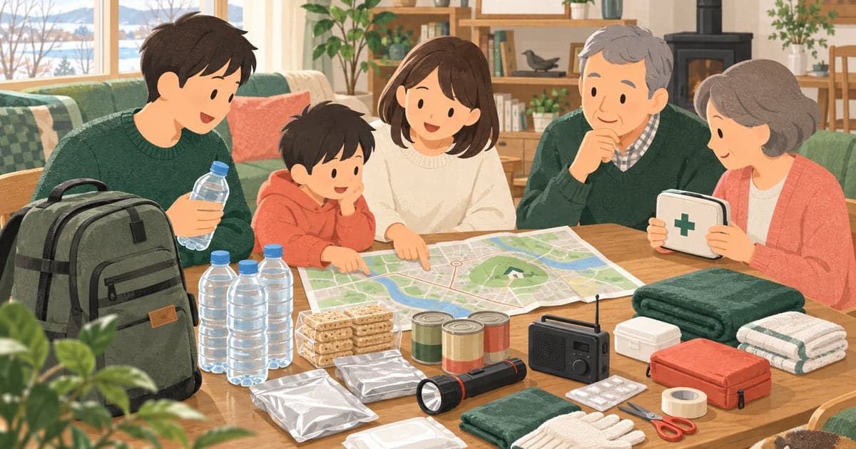 釧路の家庭で地震や津波に備え非常持出袋を点検する落ち着いた様子を描いた、防災準備がわかるイラスト。