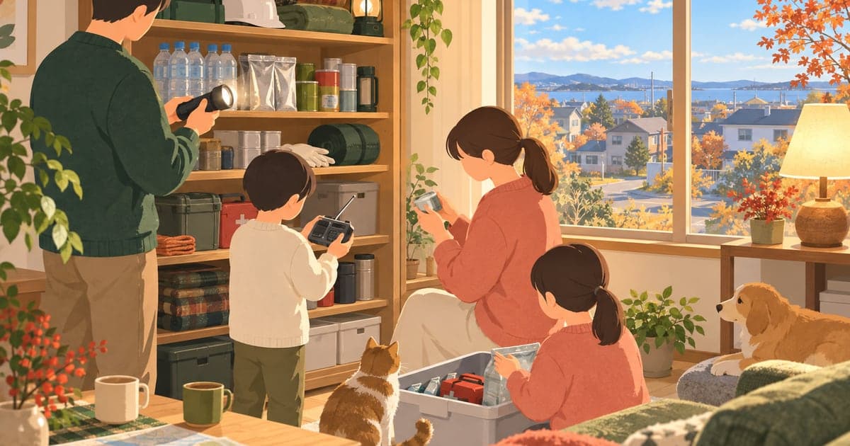 釧路の家庭で地震や吹雪に備え防災グッズを準備する様子を描いた、備蓄の目安がわかるイラスト。