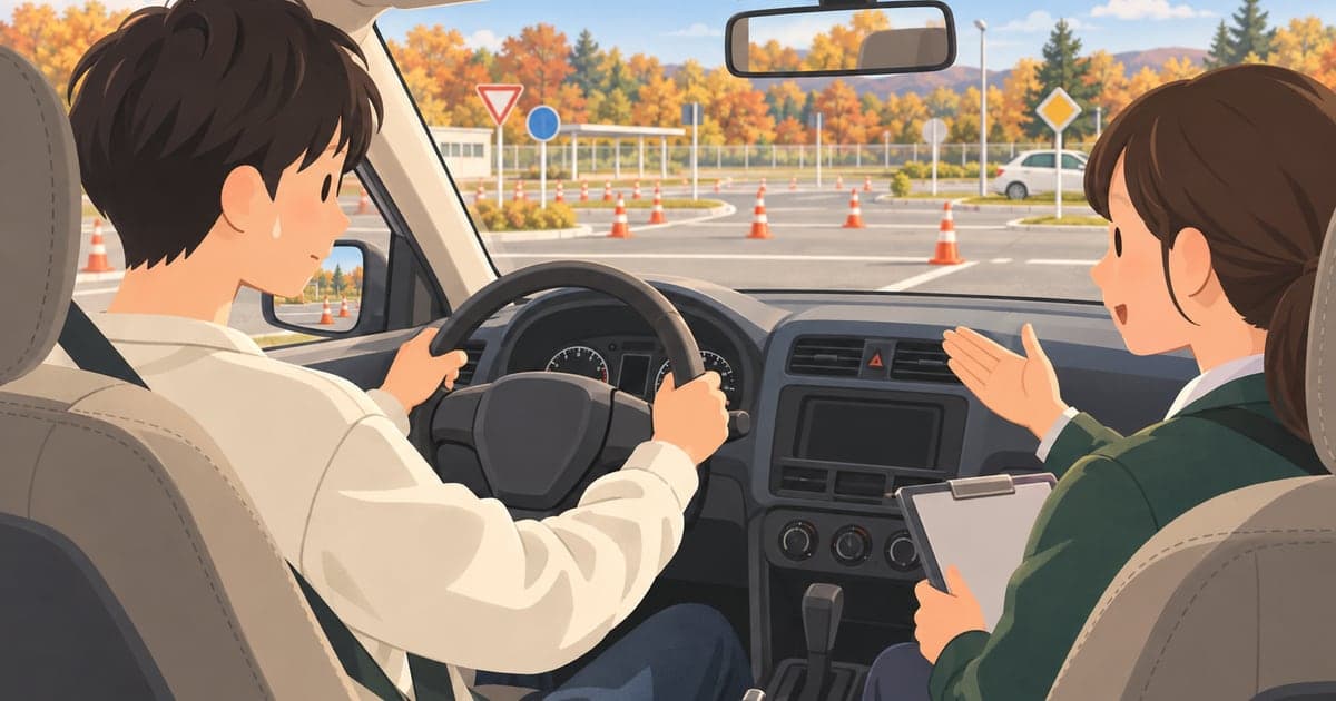 釧路の教習所で運転免許の取得と更新に向けて学ぶ様子を描いた、冬の運転の備えもわかるイラスト。