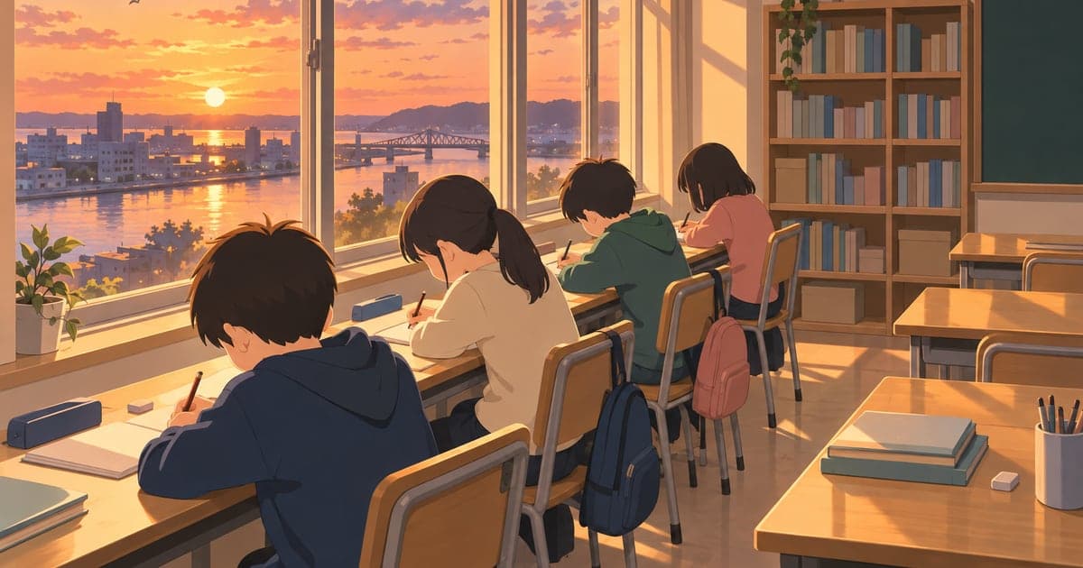 釧路の学習塾で夕方に勉強に励む子どもたちの様子を描いた、教育環境と習い事がわかるイラスト。