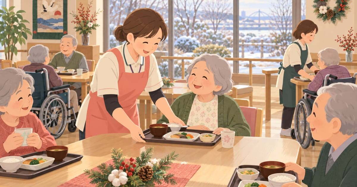 釧路の介護施設で高齢者を支える職員の福祉サービスの様子を描いた、介護保険がわかるイラスト。
