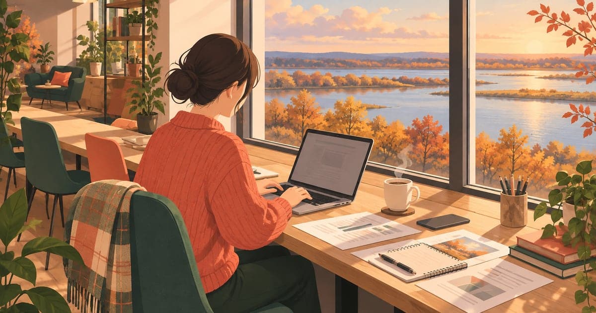 釧路のコワーキングスペースで働くフリーランスや個人事業主の暮らしを描いたイラスト。