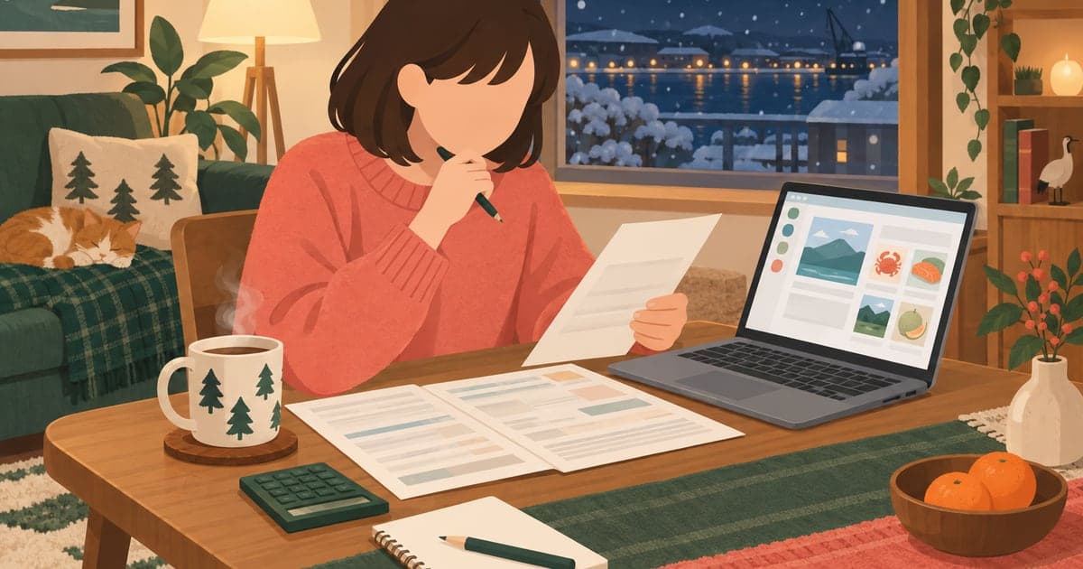 釧路のふるさと納税を初めて申し込む家庭の冬の夜の様子を描いた、控除の仕組みがわかるイラスト。
