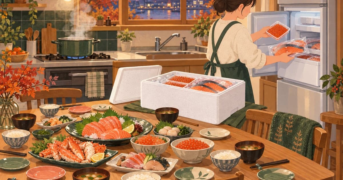 釧路のふるさと納税で届くいくらや海産物を仕分ける秋の様子を描いた、返礼品選びがわかるイラスト。