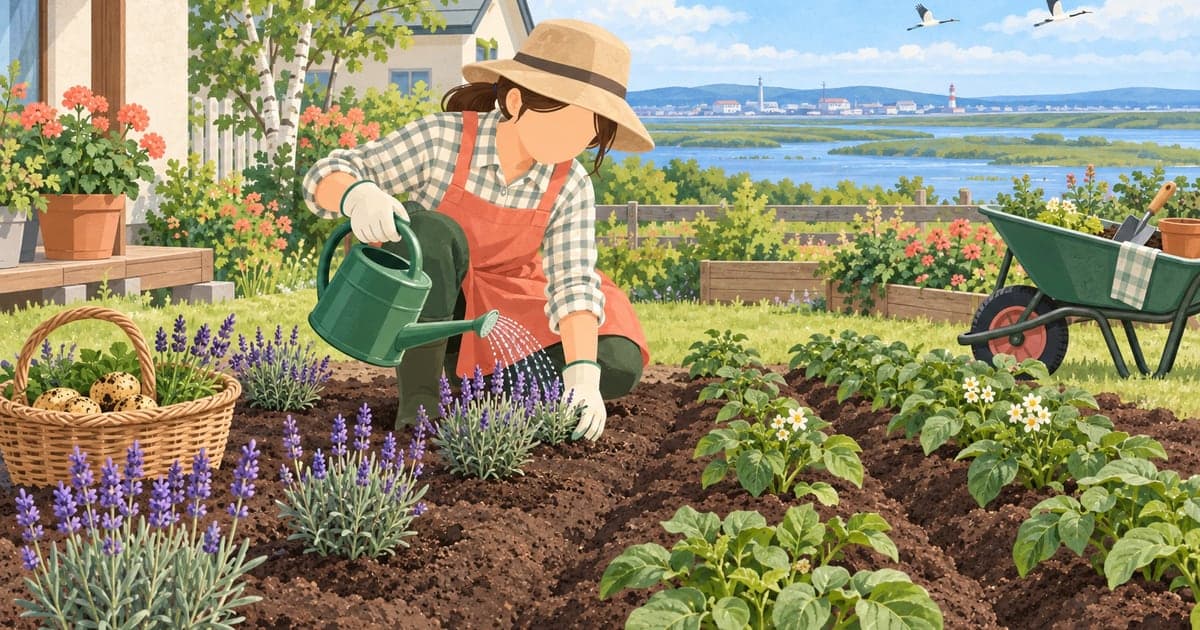 釧路の冷涼な気候を活かした家庭菜園と庭づくりの様子を描いた、栽培のコツがわかるイラスト。