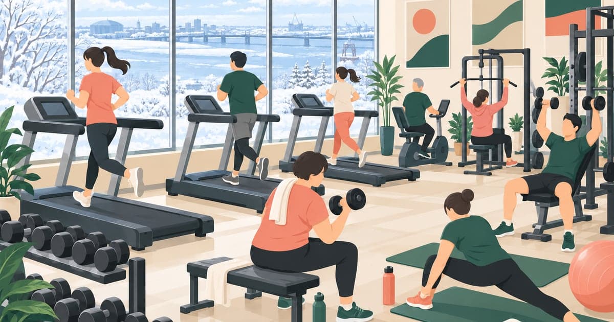 釧路のジムやフィットネス施設で運動に励む住民の様子を描いた、冬の運動習慣がわかるイラスト。