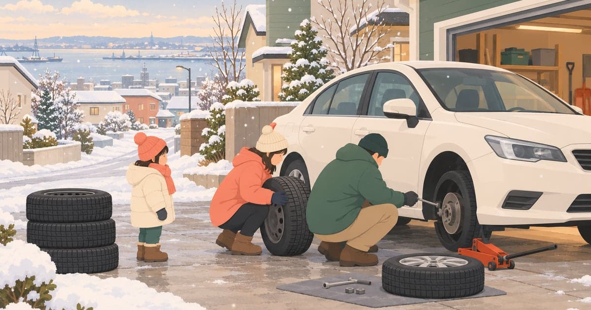初雪の中で車のタイヤを冬タイヤに交換する家族のイラスト(釧路の初雪とタイヤ交換の時期)