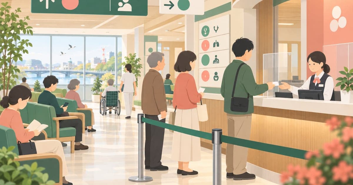 釧路の総合病院の受付と待合ロビーで診察を待つ様子を描いた、医療体制がわかるイラスト。