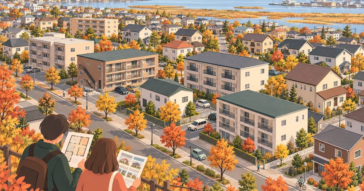 釧路の賃貸アパートと一戸建てが並ぶ住宅街を描いた、家賃相場データがわかるイラスト。