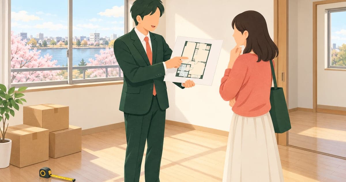 釧路の賃貸物件を担当者と一緒に内見する春の様子を描いた、住まい探しがわかるイラスト。
