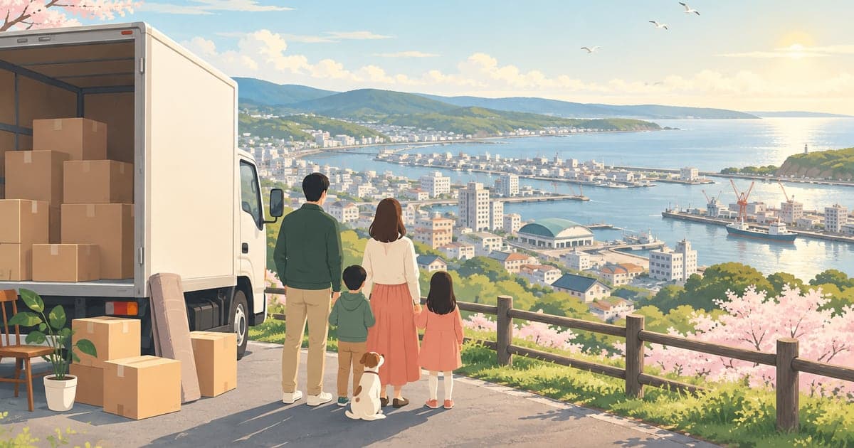 釧路へ移住した家族が新しい街並みを見渡す春の様子を描いた、移住生活がわかるイラスト。