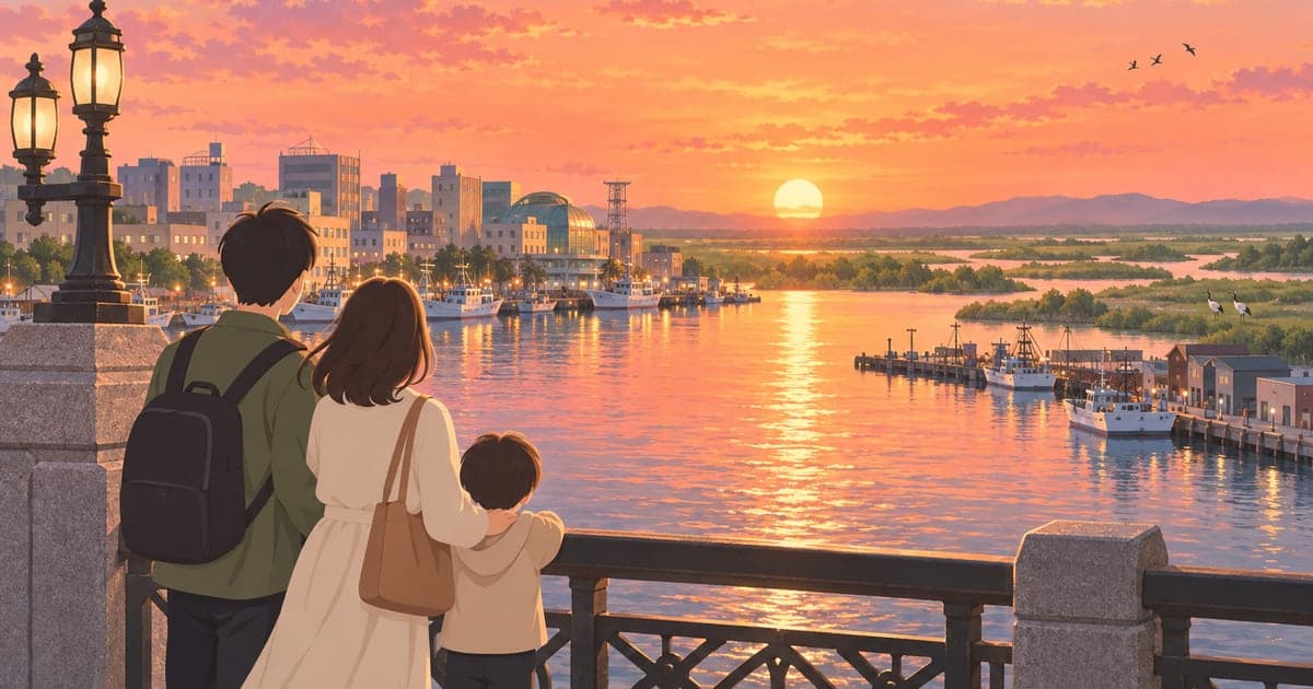 幣舞橋から夕日に染まる釧路港と街並みを眺める家族を描いたイラスト(釧路移住のすすめ)