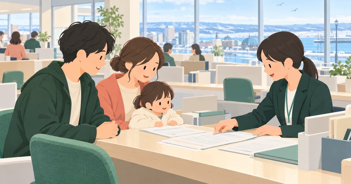 釧路の市役所窓口で移住の申請書類を確認する夫婦と幼い子どもを描いたイラスト(移住支援金・UIJターン支援金)