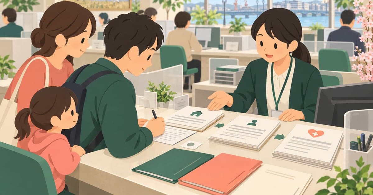 釧路への移住で転入届など役所手続きを進める家族を描いた、手続きの順番がわかるイラスト。