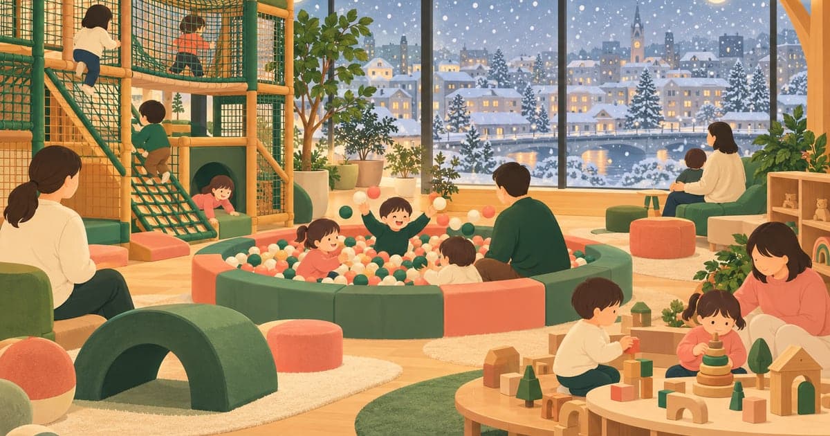 雪の降る窓の外を背景に屋内の遊び場で遊ぶ子どもたちのイラスト(釧路の冬の室内遊び場)