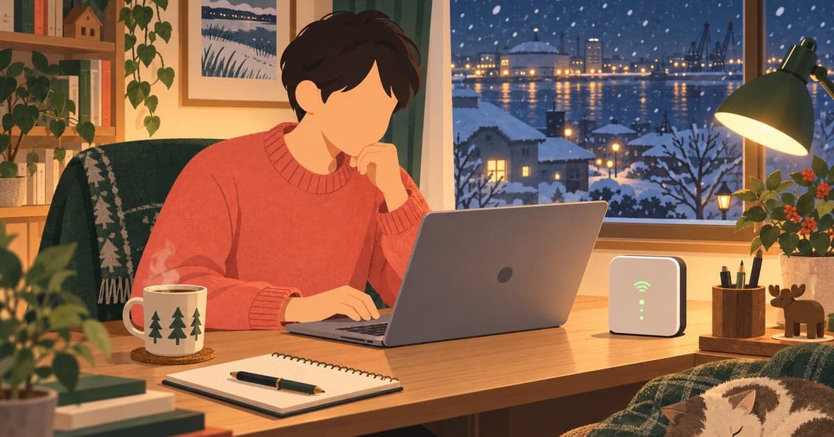 釧路の自宅で光回線を使い在宅ワークする冬の夜の様子を描いた、通信環境がわかるイラスト。