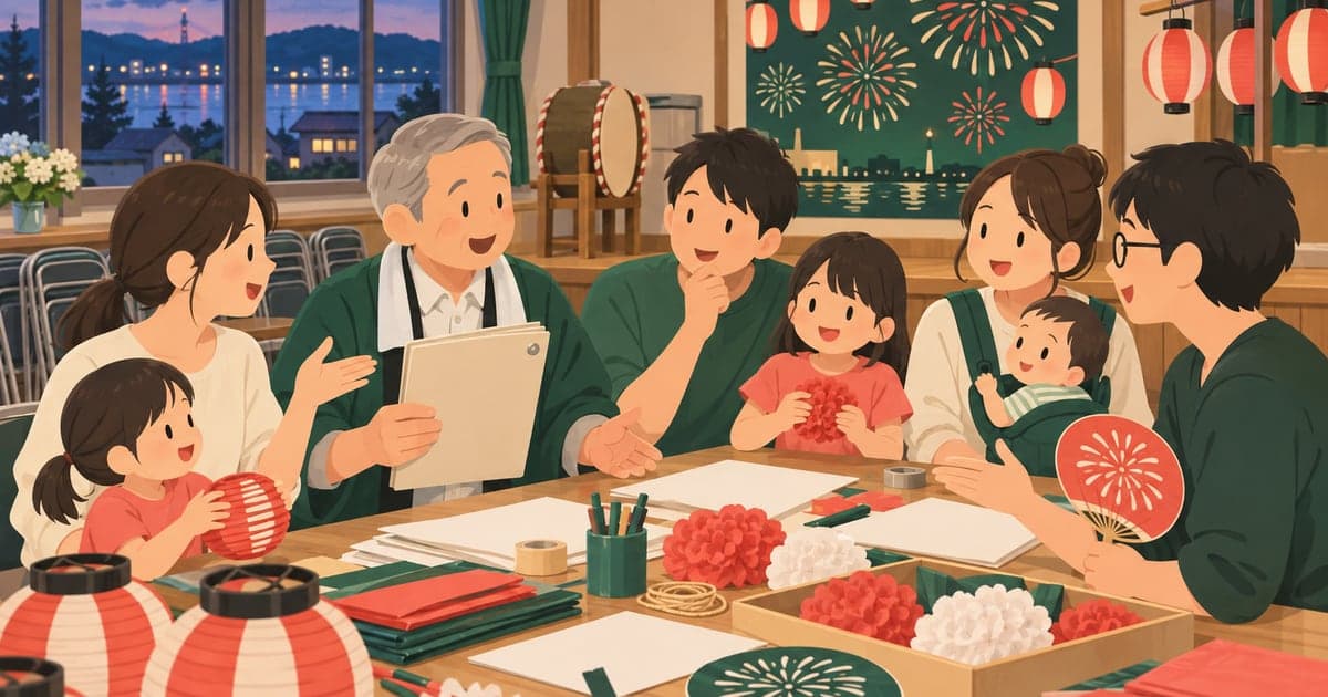 釧路の町内会で住民が集まり夏祭りを話し合う様子を描いた、自治会活動がわかるイラスト。