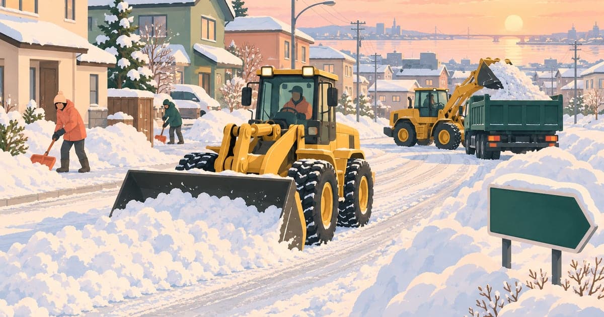 除雪車と雪かきをする住民、ダンプへの排雪作業のイラスト(釧路の除雪・排雪と市の除雪体制)