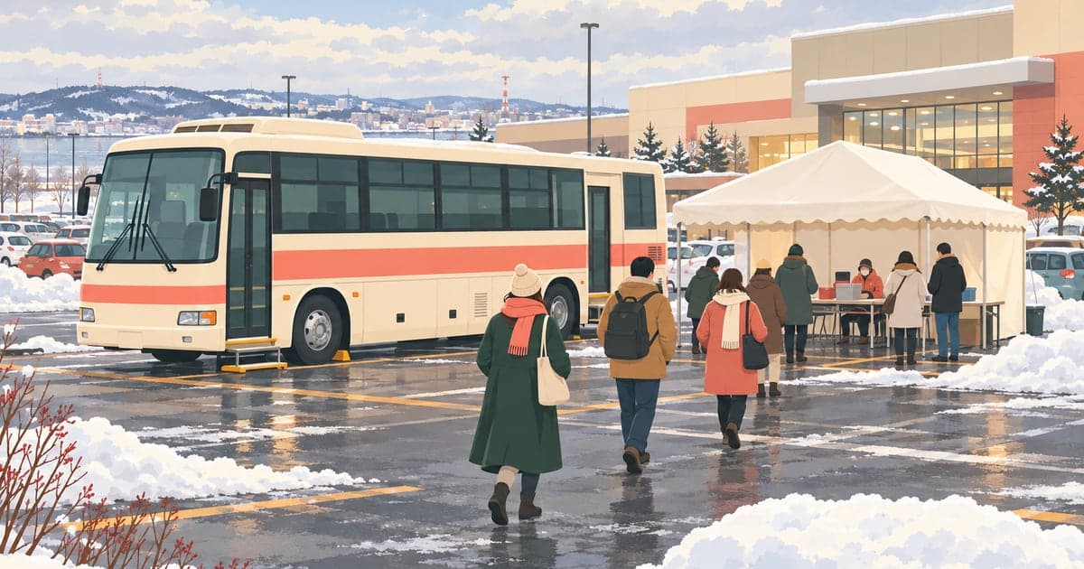 釧路のショッピングモールの駐車場に停まる献血バスと、受付に向かう人々を描いたイラスト。釧路の献血の案内。