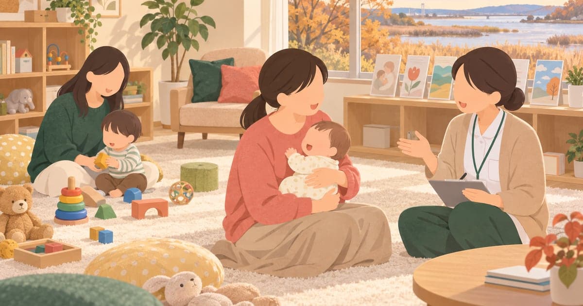 釧路の子育て支援センターで保健師に相談する親子を描いた、育児相談の様子がわかるイラスト。