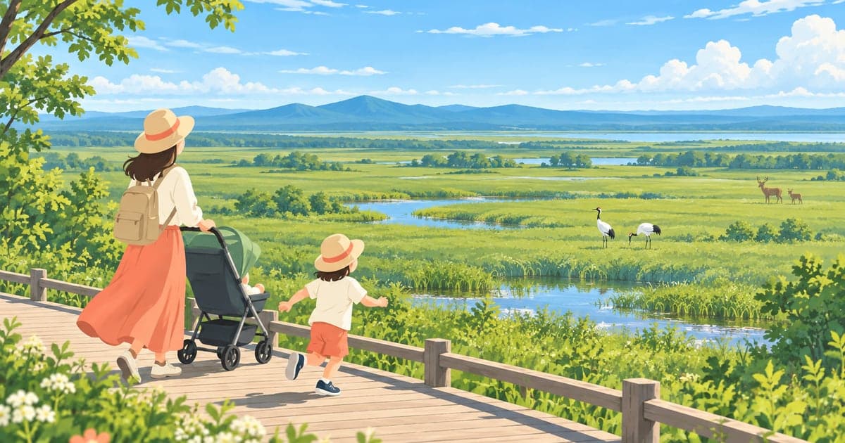 釧路の湿原で親子が自然と触れ合う子育て環境の風景を描いた、家族の日常がわかるイラスト。