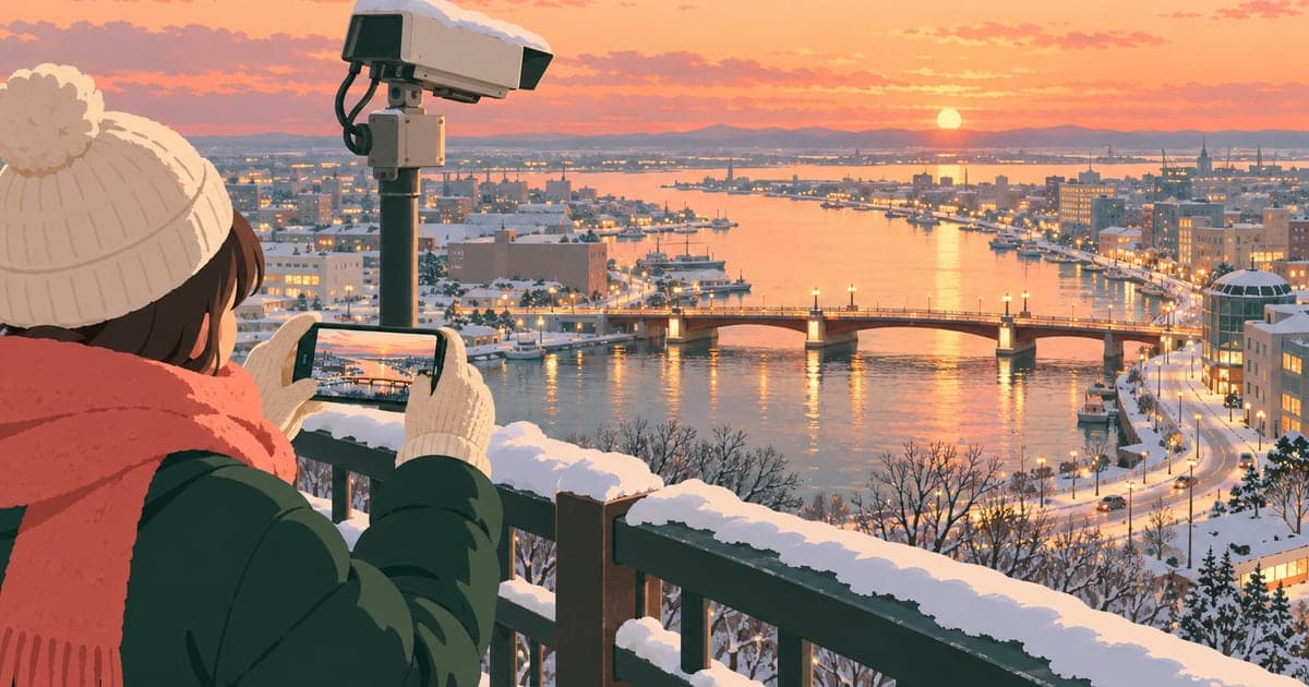 釧路の幣舞橋と釧路川、灯台、雌阿寒岳をカメラのレンズ越しに眺める様子を描いたイラスト。釧路のライブカメラを用途別に探すイメージ。