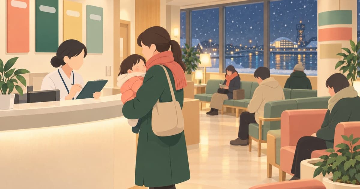 釧路の夜間急病センターを訪れる親子の様子を描いた、医療体制の安心感がわかるイラスト。