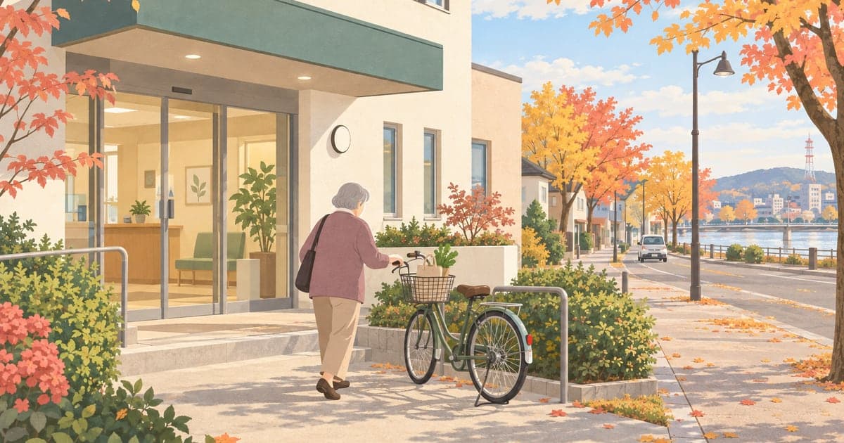 釧路のかかりつけクリニックに通う高齢者の医療環境を描いた、通院の様子がわかるイラスト。
