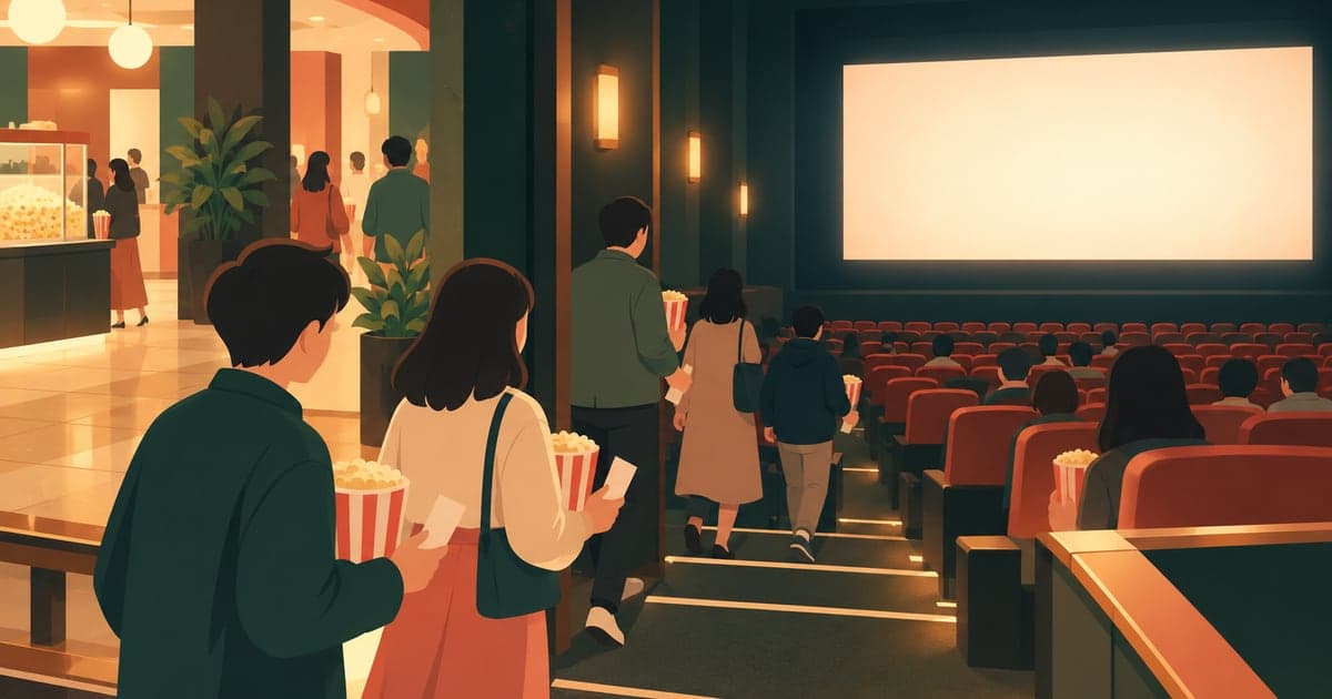 ポップコーンとチケットを手にロビーからスクリーンの座席へ向かう人々を描いた、釧路の映画館のイラスト