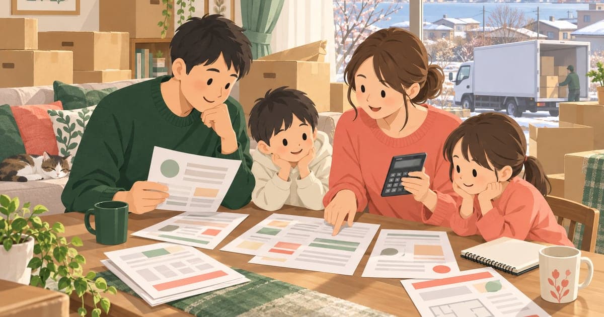 釧路への引っ越し費用の見積もりを比較する家族の様子を描いた、費用相場がわかるイラスト。