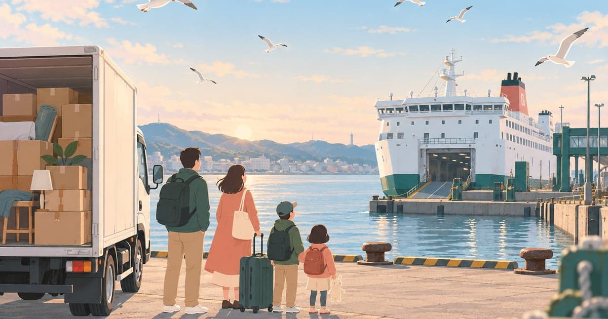 釧路港のフェリーで引っ越し荷物を運ぶ移住の朝を描いた、本州からの移動手段がわかるイラスト。