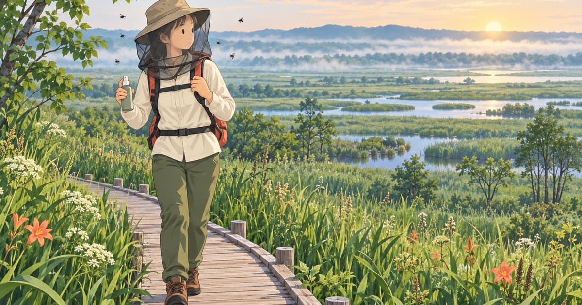 釧路の湿原でアブやブヨなど夏の虫対策をする様子を描いた、道東の夏の実情がわかるイラスト。