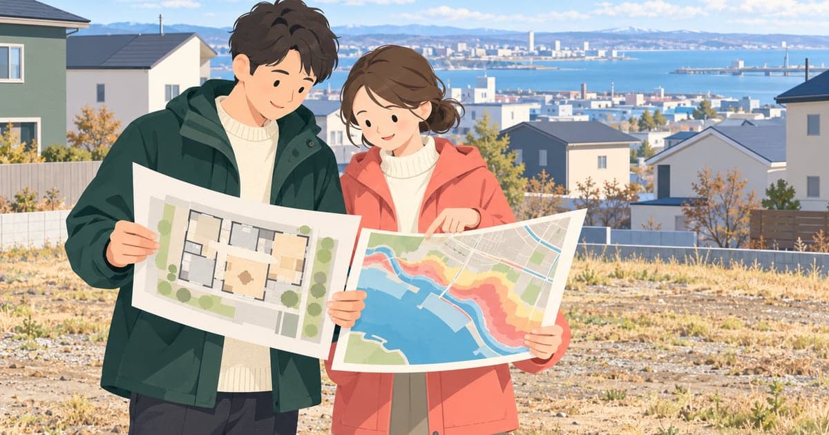 釧路の住宅地で、夫婦が建築予定の土地に立って図面とハザードマップを見比べているイラスト(釧路市で家を買う・建てる)