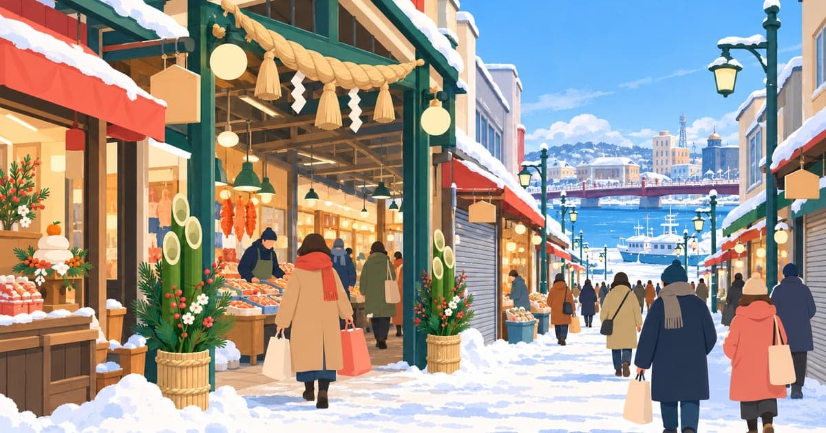 しめ飾りのある雪の商店街で買い物をする人々のイラスト(釧路の年末年始の営業まとめ)